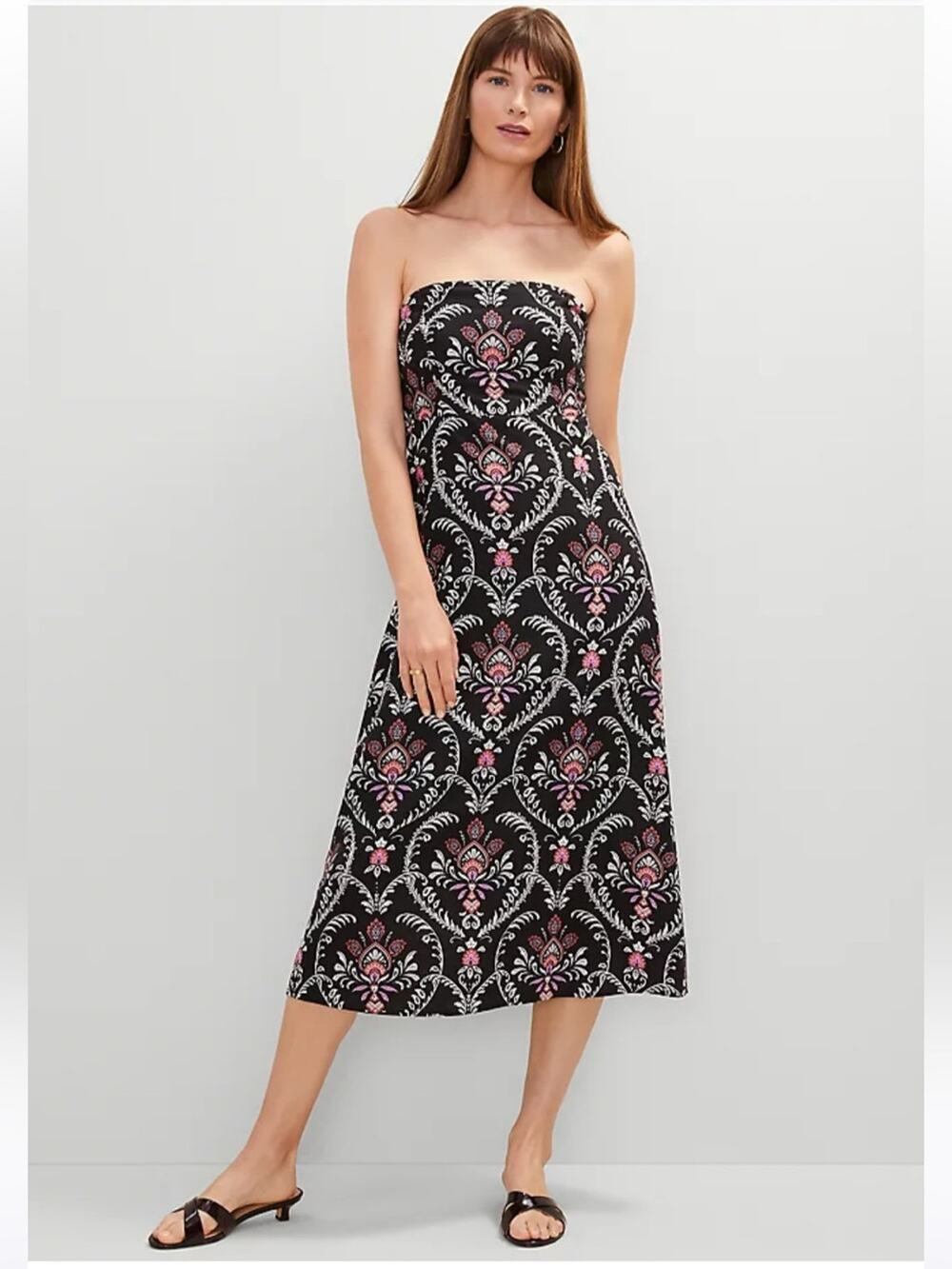 Ann Taylor NWT Black Floral Linen Blend Strapless Midi Dress 10
